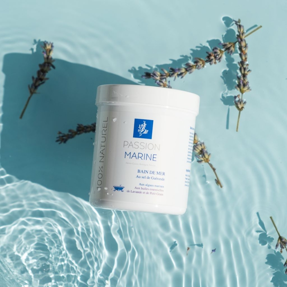 Sare de mare Guerande pentru baie cu alge marine, ulei esential de Lavanda si Petitgrain 200 g, Passion Marine